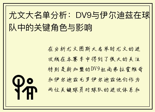 尤文大名单分析：DV9与伊尔迪兹在球队中的关键角色与影响